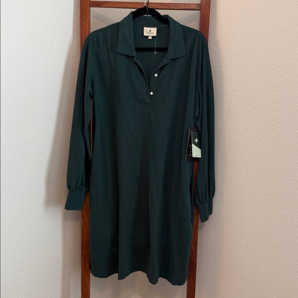 Tuckernuck Forest Green June Bug Pique Frances L/S Cotton Polo Dress Sz LG NWT - Picture 2 of 7